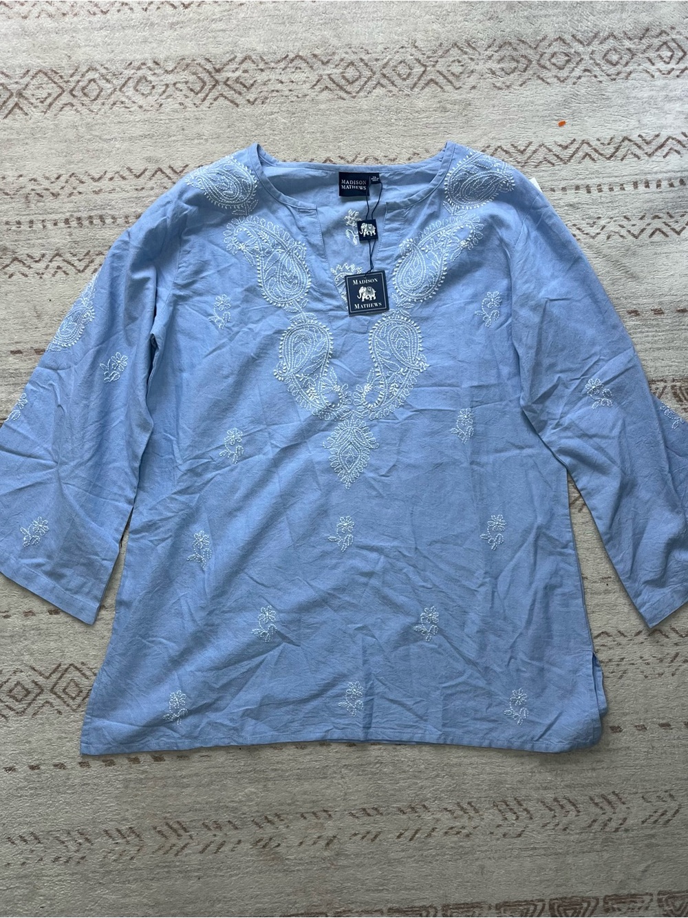 NWT Madison Mathew’s blue embroidered cotton top